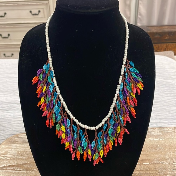 Vintage White Rainbow Multicolor Seed Beaded Bib Collar Statement Necklace - Picture 1 of 3